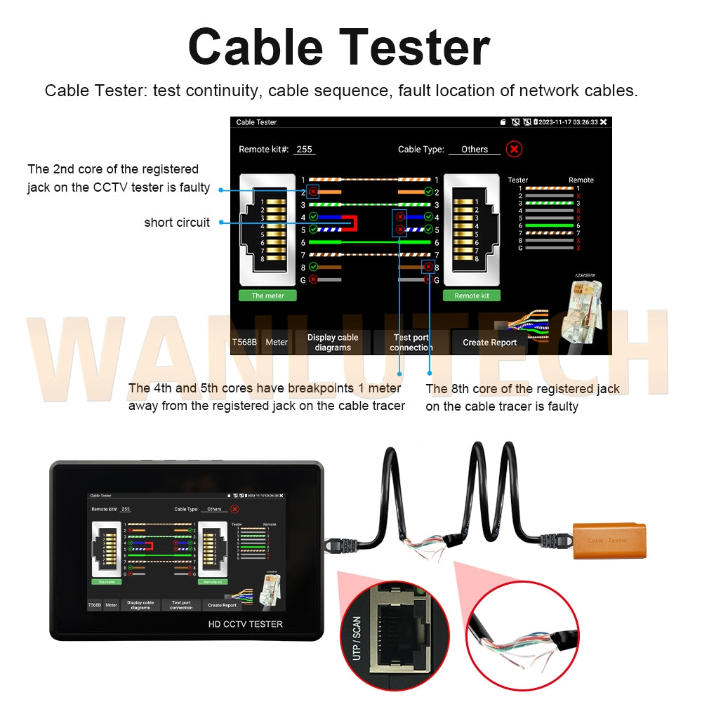 WANLUTECH CCTV Tester Essential Tool for Surveillance Camera Cable Network Testing IPC-1800ADH Plus