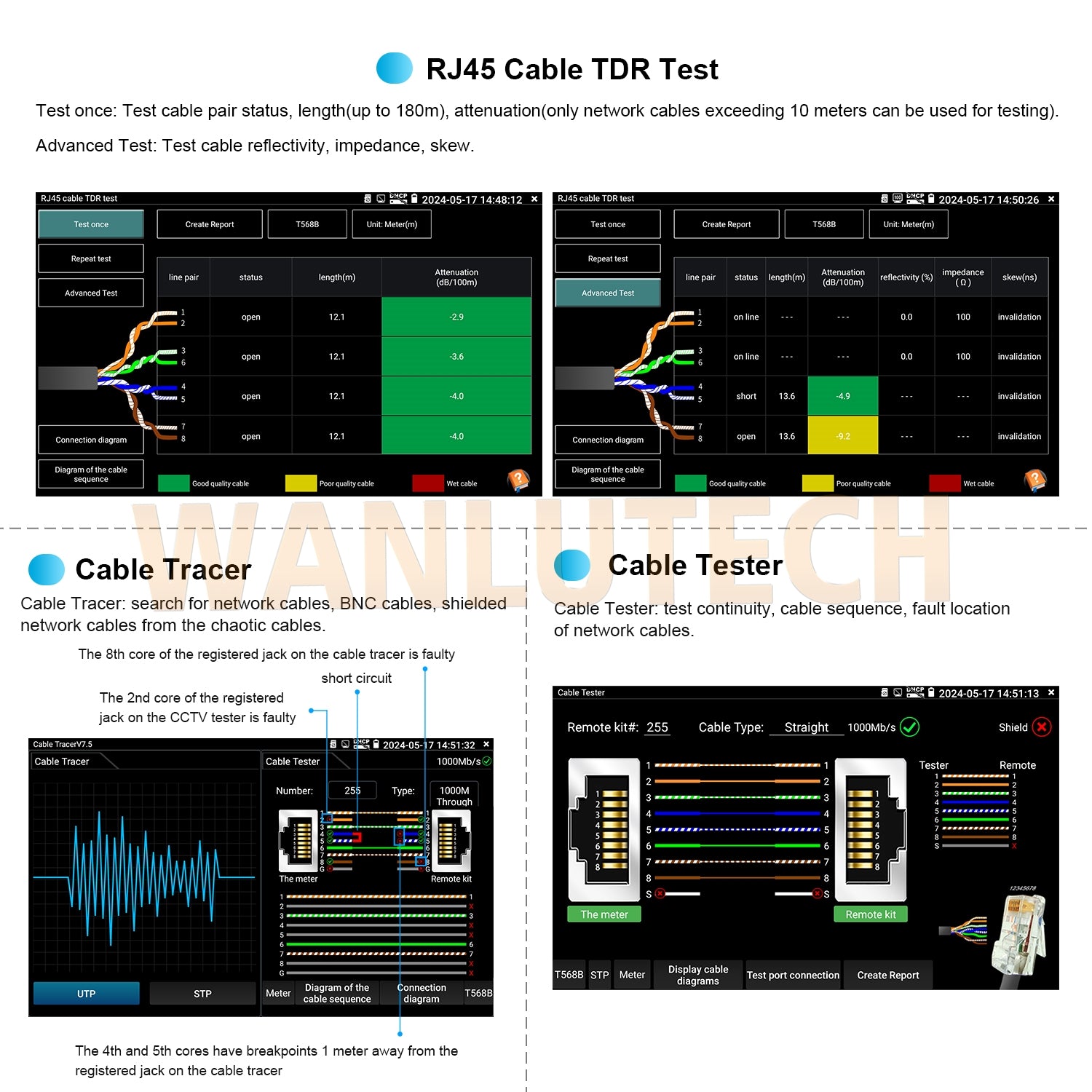 WANLUTECH CCTV Tester Essential Tool for Surveillance Camera Cable Network Testing IPC-7600CADHS-Plus