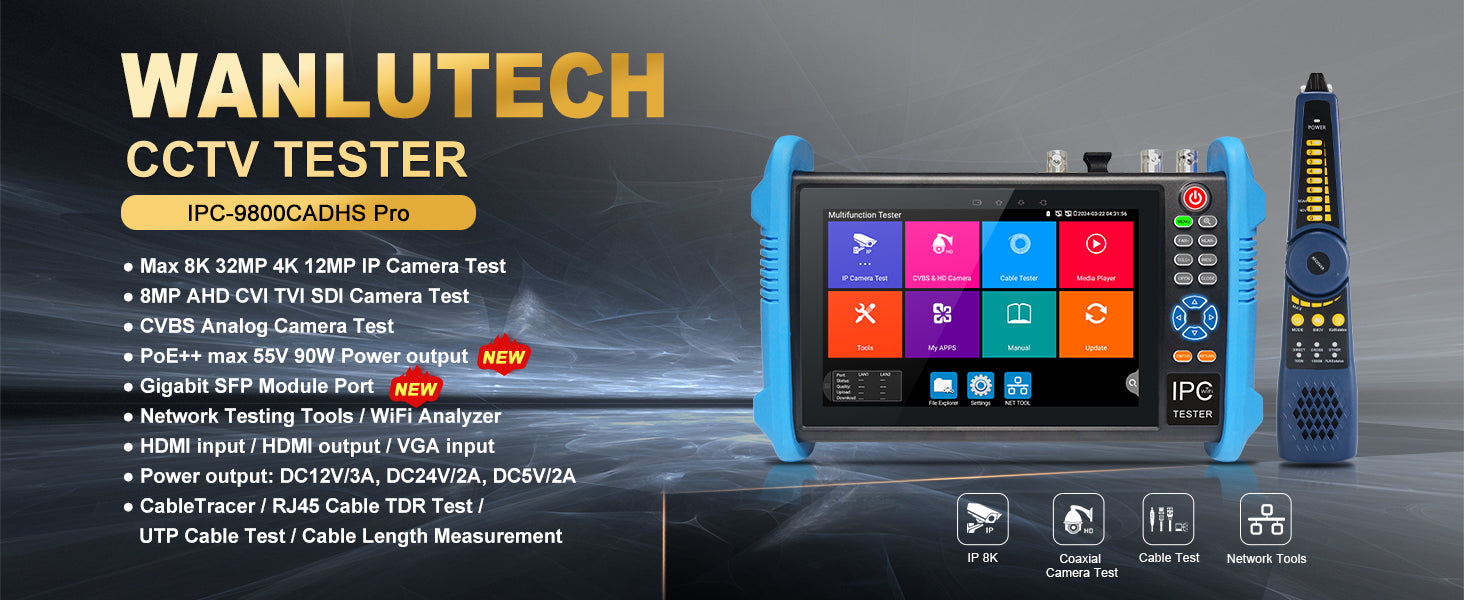 WANLUTECH CCTV Tester Essential Tool for Surveillance Camera Cable Network Testing IPC-9800CADHS Pro
