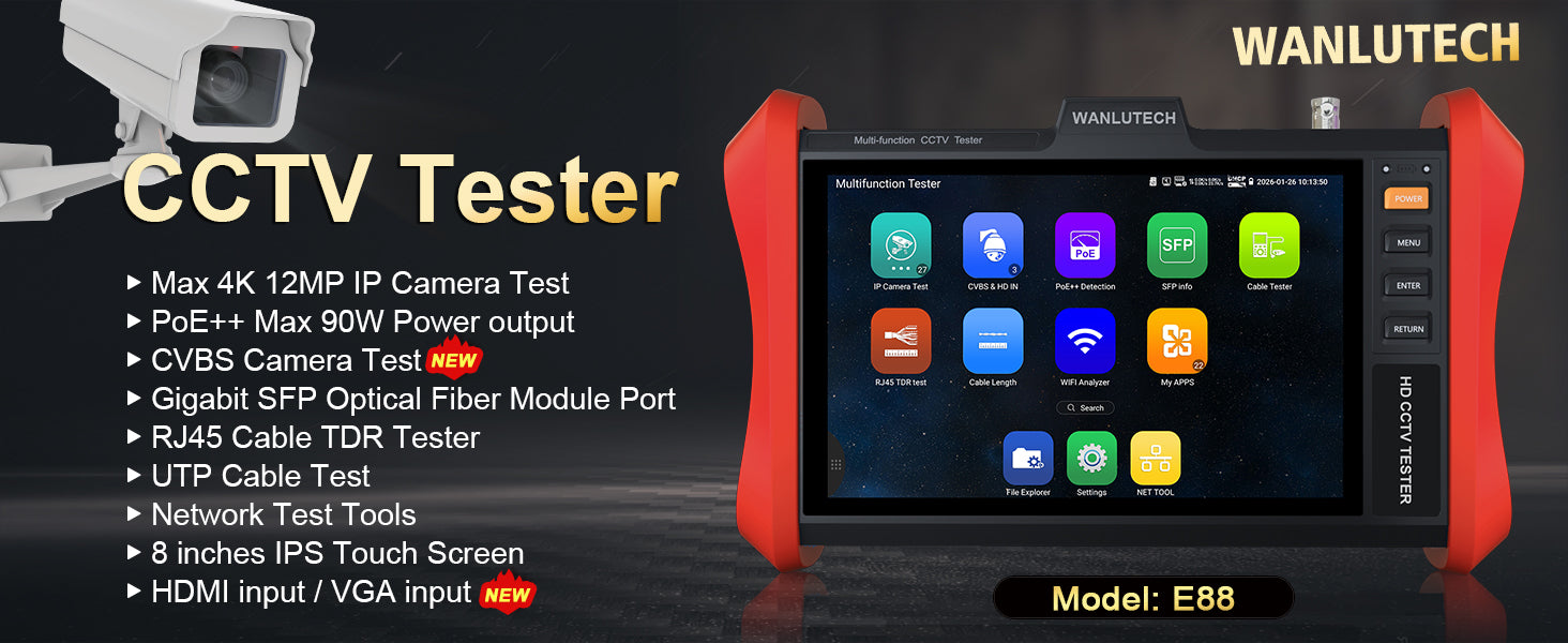 WANLUTECH CCTV Tester Essential Tool for Surveillance Camera Cable Network Testing E88