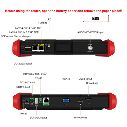 E89 CCTV tester side view showing RJ45, HDMI, VGA and SFP fiber ports