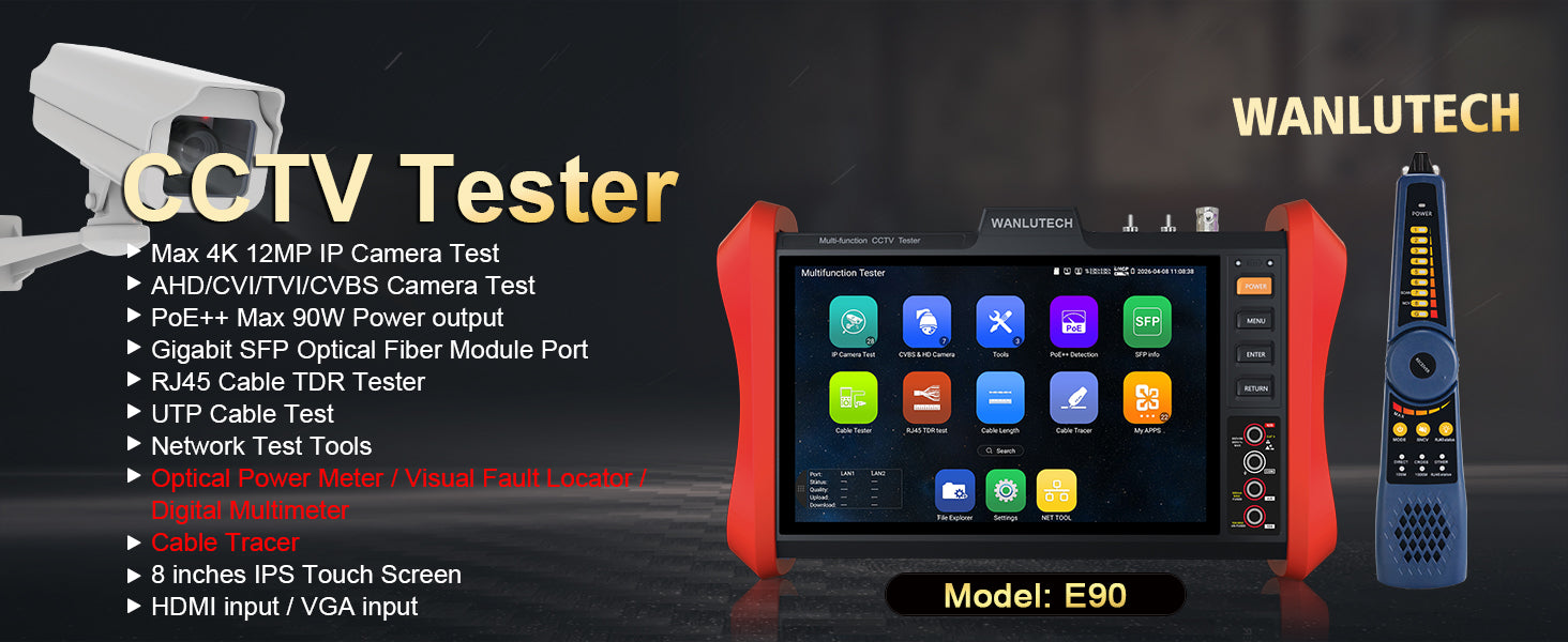 WANLUTECH CCTV Tester Essential Tool for Surveillance Camera Cable Network Testing E90