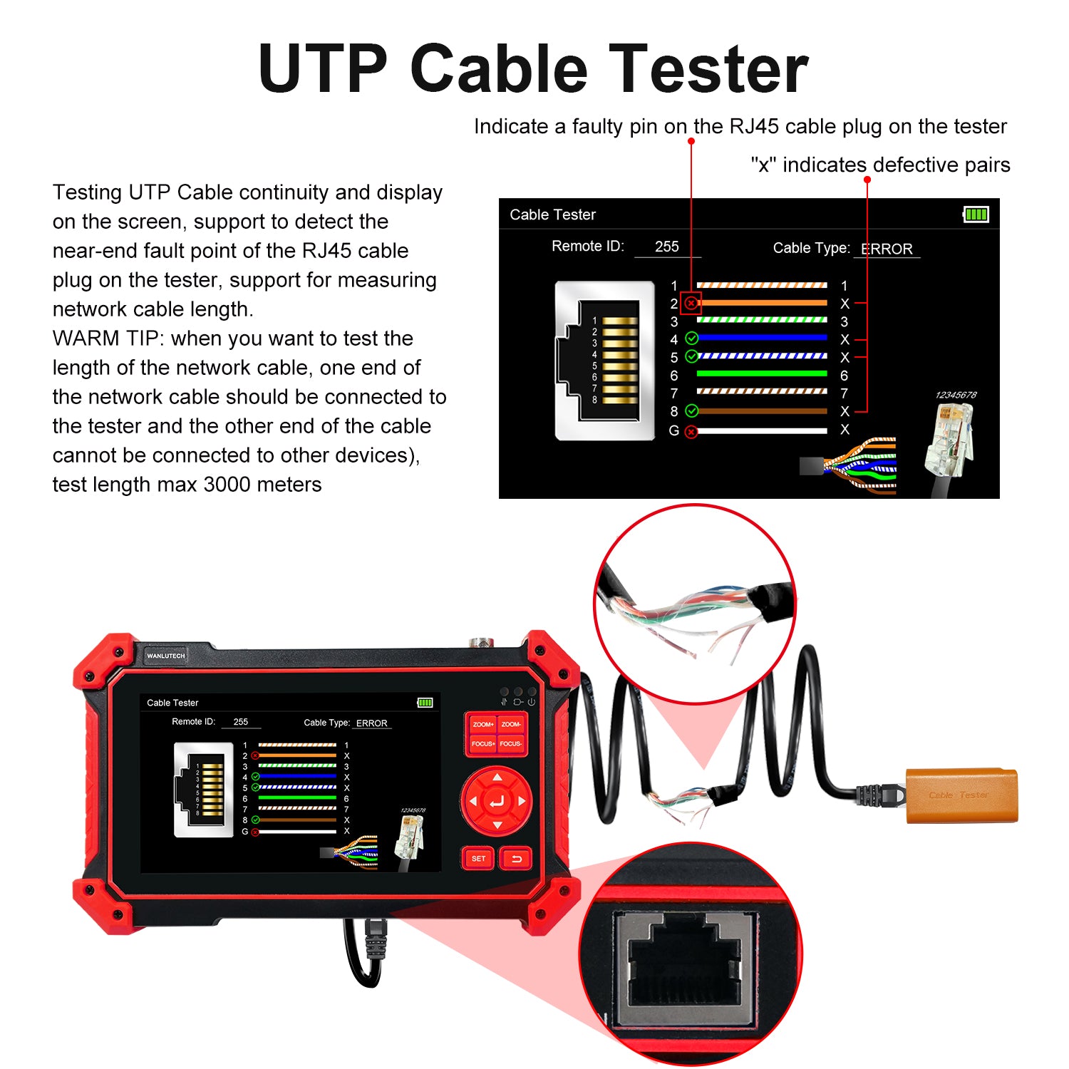 WANLUTECH CCTV Tester Essential Tool for Surveillance Camera Cable Network Testing HD-2950