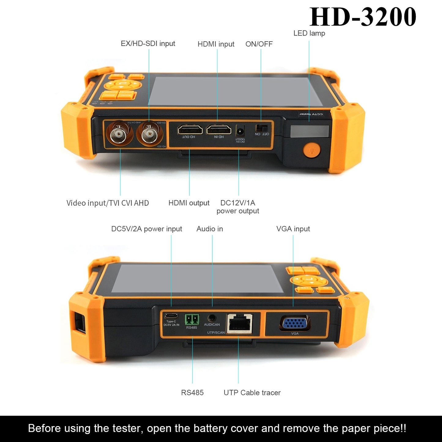 WANLUTECH CCTV-Kameratester, 8 MP TVI CVI AHD SDI CVBS Analogkameratester 5 Zoll TFT-LCD-Bildschirm unterstützt Kabelverfolger UTP-Kabeltester PTZ-Steuerung HDMI in VGA in RS485 (HD-3200C) 
