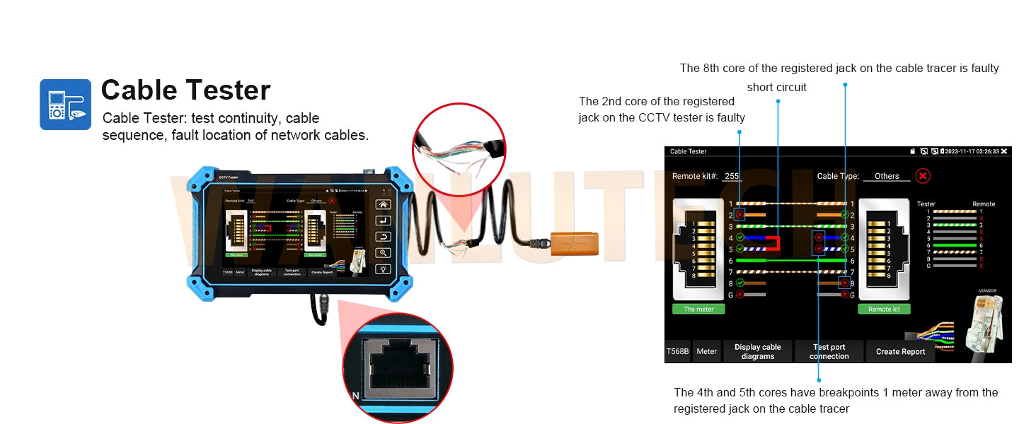 WANLUTECH CCTV Tester Essential Tool for Surveillance Camera Cable Network Testing IPC-5100 Plus