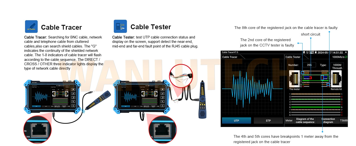WANLUTECH CCTV Tester Essential Tool for Surveillance Camera Cable Network Testing IPC-5200C Plus 