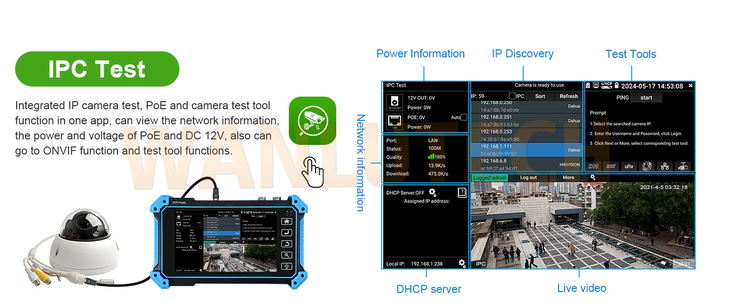 WANLUTECH CCTV Tester Essential Tool for Surveillance Camera Cable Network Testing IPC-5200C Plus 