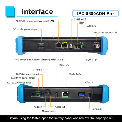 WANLUTECH 8K IP Camera Tester with PoE, CCTV Tester 7 inch Touchscreen 8MP TVI CVI AHD CVBS Camera Tester RJ45 Cable Tester SFP PoE Network Tools WiFi HDMI I/O VGA in (IPC-9800ADH Pro)