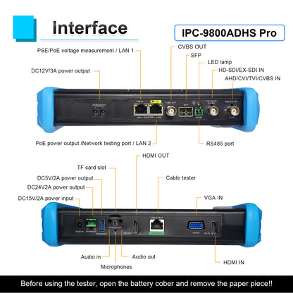 WANLUTECH Upgraded 8K IP Camera Tester, CCTV Tester 7 inch Touchscreen 8MP TVI CVI AHD SDI CVBS Camera Tester RJ45 Cable Tester SFP PoE Network Tools RS485 WiFi HDMI I/O VGA in (IPC-9800ADHS Pro)