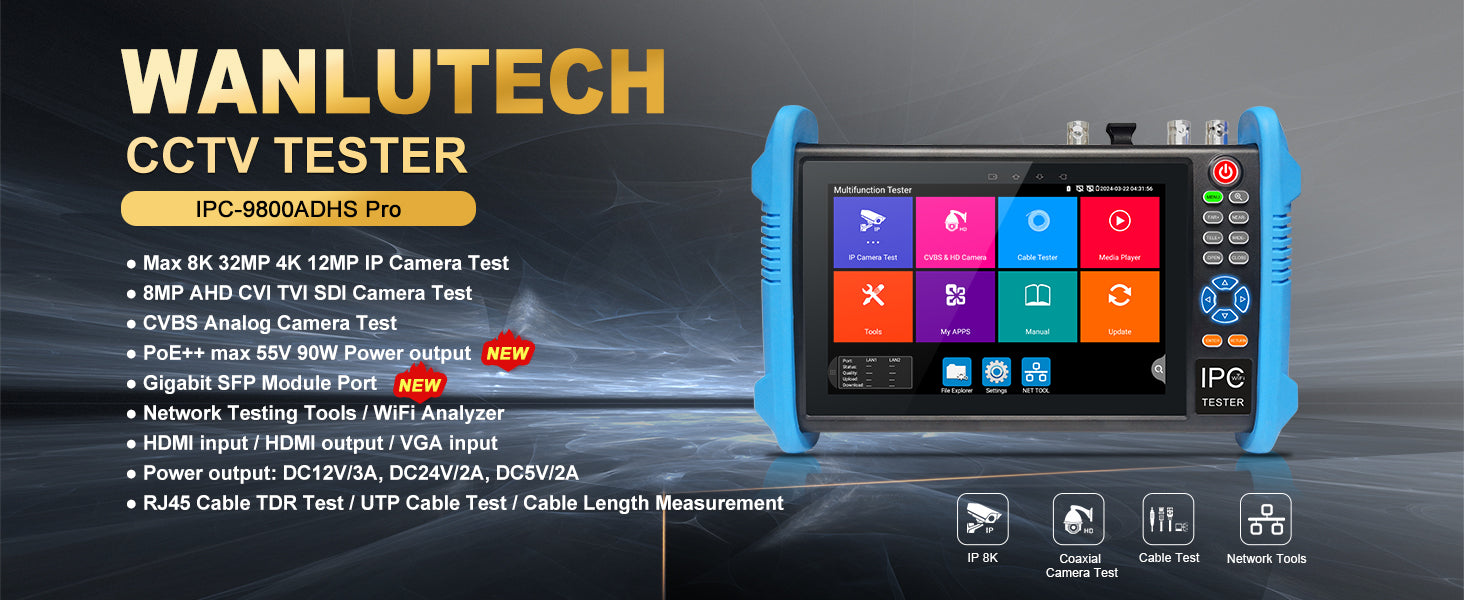 WANLUTECH CCTV Tester Essential Tool for Surveillance Camera Cable Network Testing IPC-9800ADHS Pro