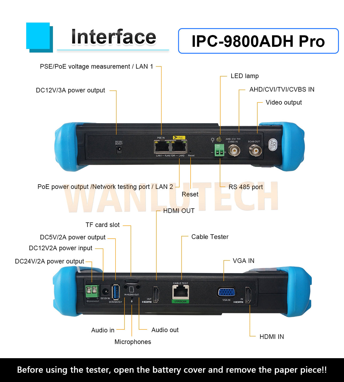 WANLUTECH CCTV Tester Essential Tool for Surveillance Camera Cable Network Testing IPC-9800ADH Pro