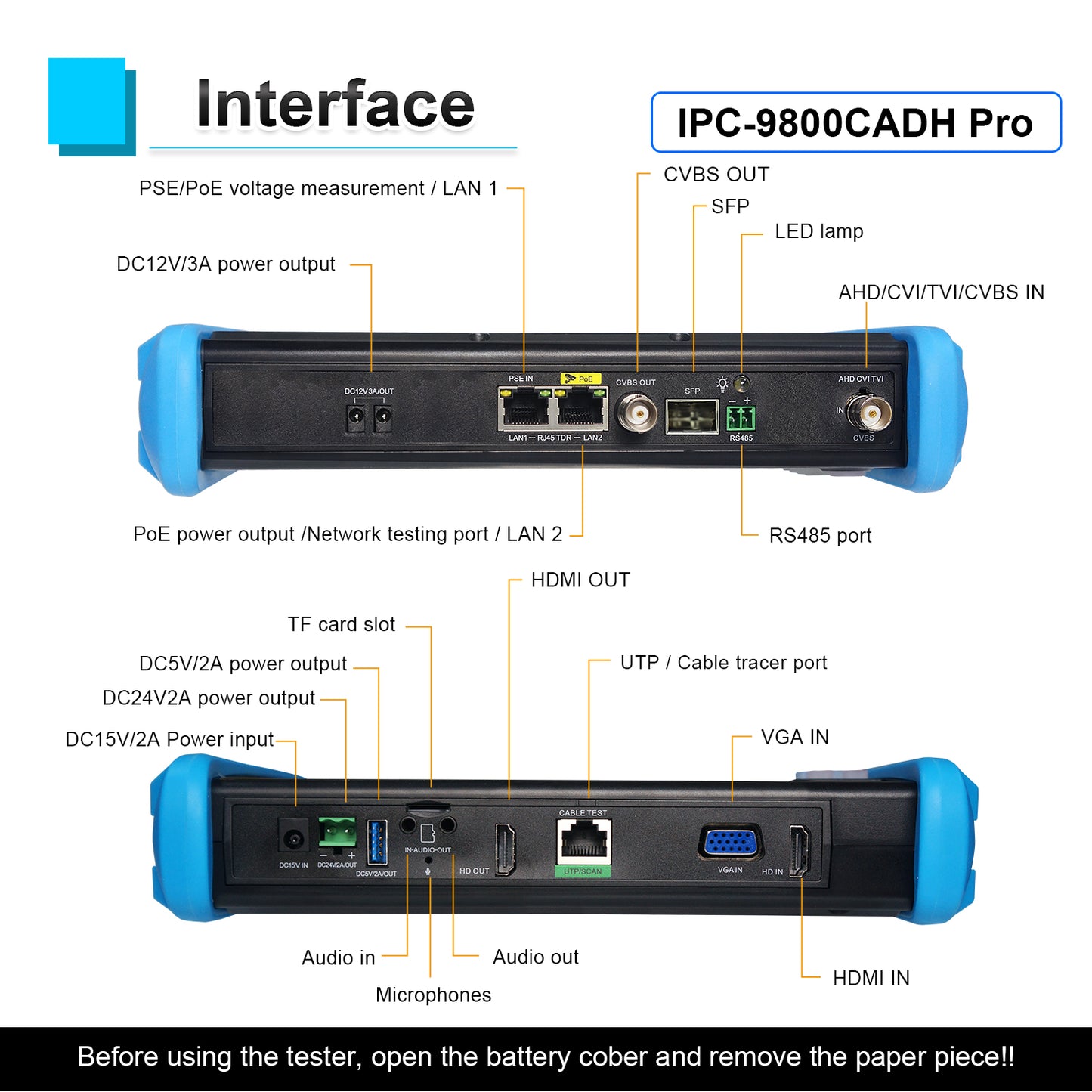 WANLUTECH Upgraded 8K IP Camera Tester, CCTV Tester 7 inch Touchscreen 8MP TVI CVI AHD CVBS Camera Tester Cable Tracer RJ45 Cable TDR Test PoE SFP Network Tools RS485 WiFi HDMI VGA (IPC-9800CADH Pro)