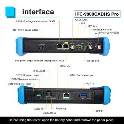 WANLUTECH 8K IP Camera Tester, CCTV Tester 7 inch Touchscreen 8MP TVI CVI AHD SDI CVBS Camera Tester RJ45 Cable Tester PoE SFP Network Tools RS485 WiFi HDMI I/O VGA in (IPC-9800CADHS Pro)