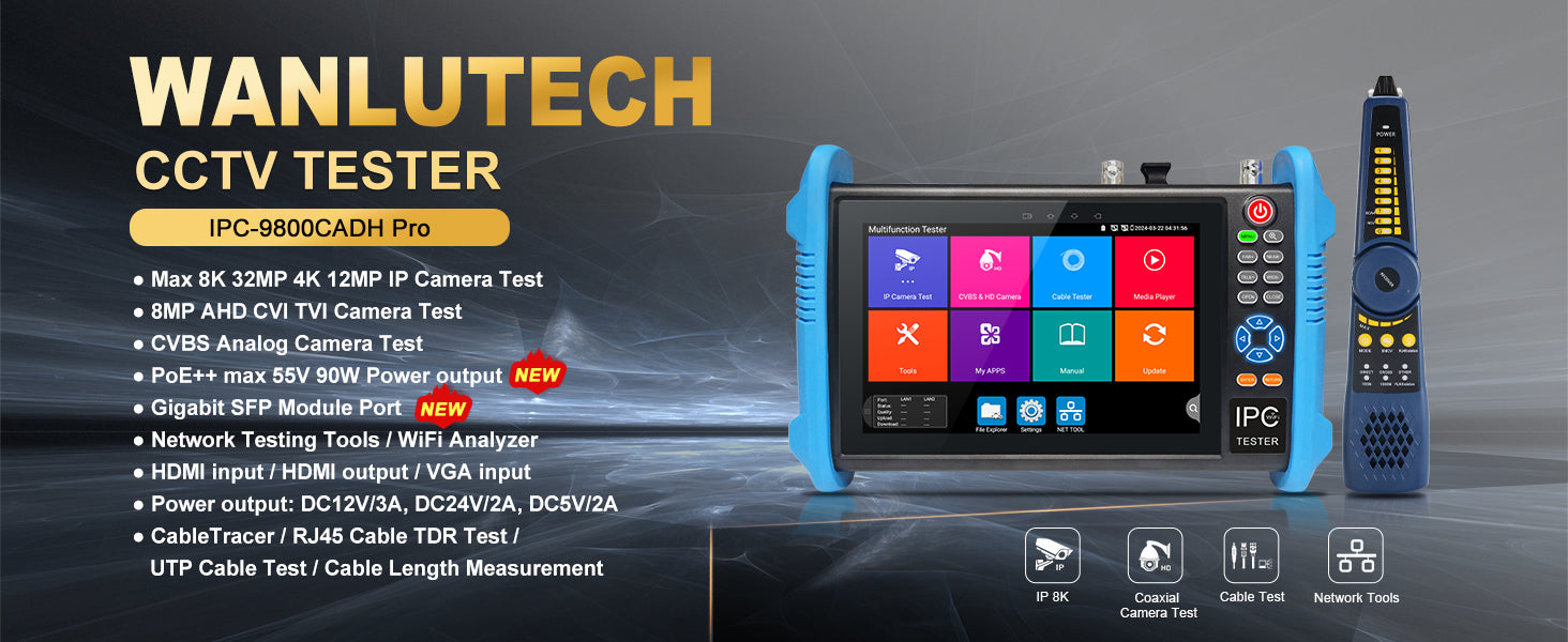 WANLUTECH CCTV Tester Essential Tool for Surveillance Camera Cable Network Testing IPC-9800CADH Pro