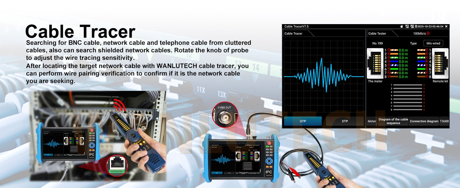 WANLUTECH CCTV Tester Essential Tool for Surveillance Camera Cable Network Testing IPC-9800CADH Pro