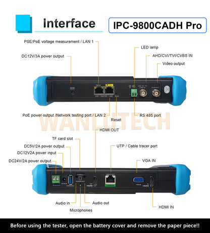 WANLUTECH CCTV Tester Essential Tool for Surveillance Camera Cable Network Testing IPC-9800CADH Pro