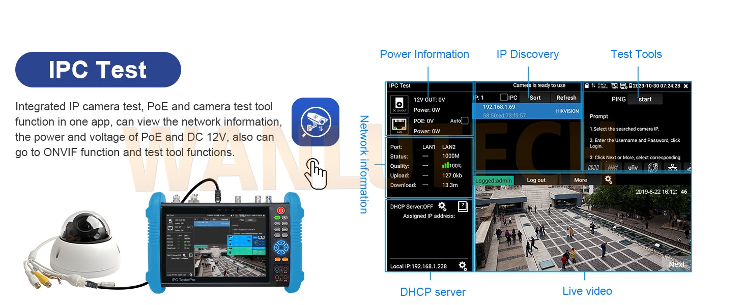 WANLUTECH CCTV Tester Essential Tool for Surveillance Camera Cable Network Testing IPC-9800CLMOVTADHS Pro
