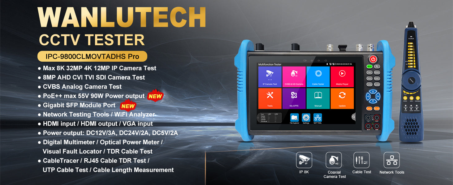 WANLUTECH CCTV Tester Essential Tool for Surveillance Camera Cable Network Testing IPC-9800CLMOVTADHS Pro
