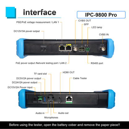 WANLUTECH CCTV Tester, 8K 32MP IP Camera Tester Support CVBS Camera Test HDMI Out Rj45 TDR Cable Test SFP PoE WiFi (IPC-9800 Pro)