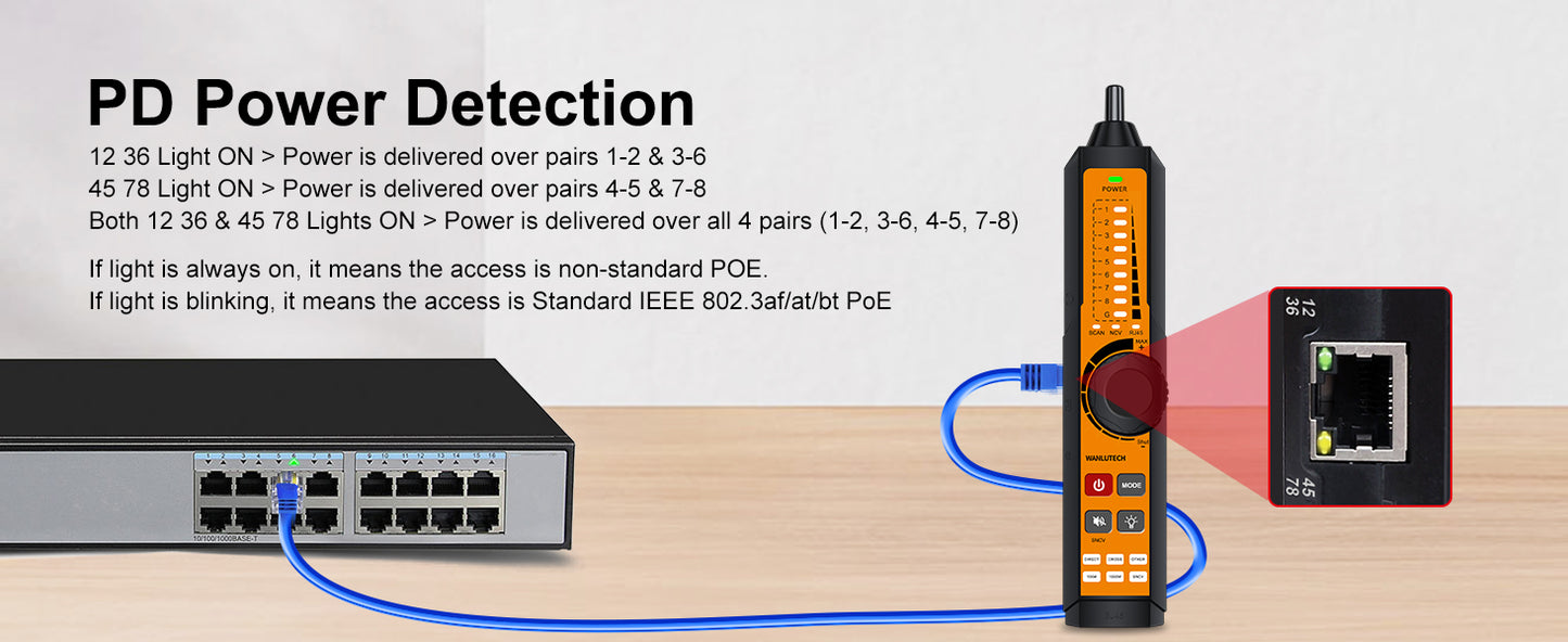 Network Tone Generator and Probe Kit with Cable Testing Capabilities like Wiremap, Length, PoE
