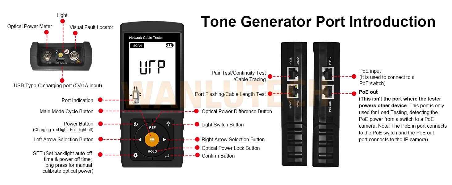 Network Tone Generator and Probe Kit with Cable Testing Capabilities like Wiremap, Length, PoE LT-300S