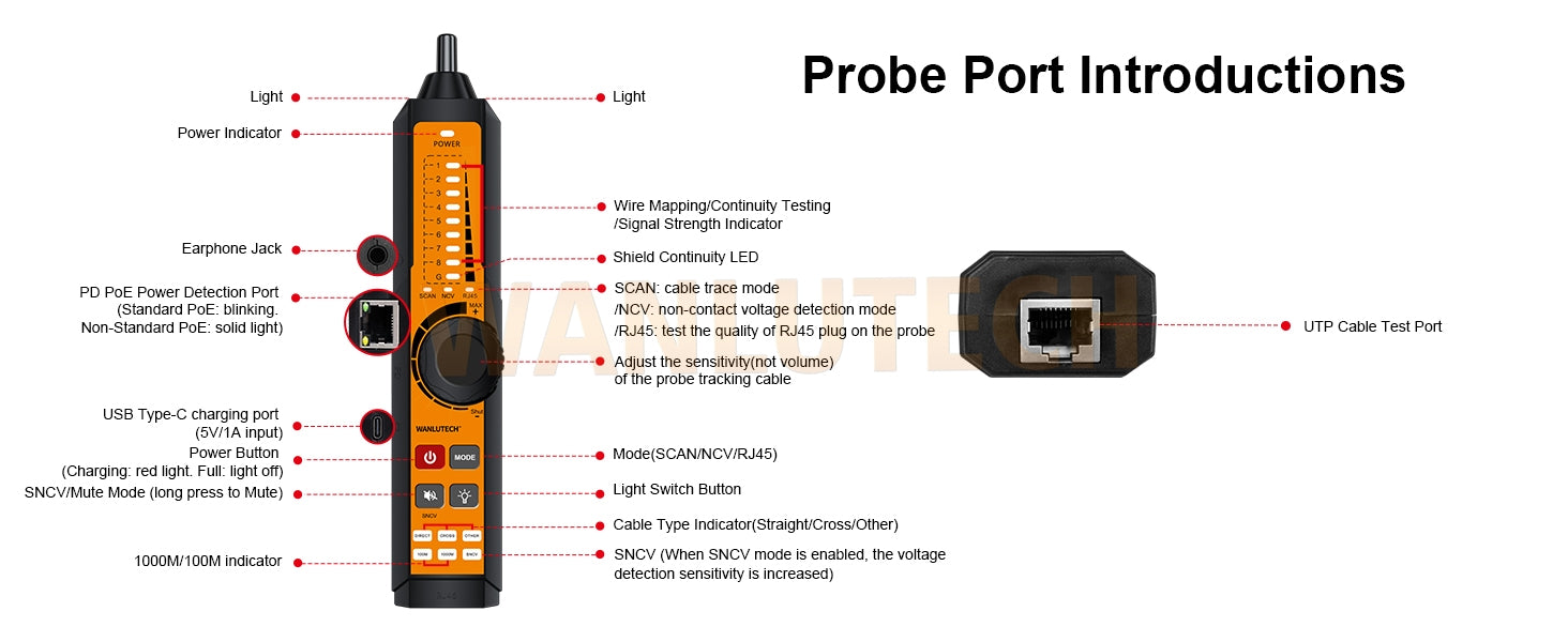Network Tone Generator and Probe Kit with Cable Testing Capabilities like Wiremap, Length, PoE LT-300S