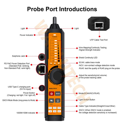 Network Tone Generator and Probe Kit with Cable Testing Capabilities like Wiremap, Length, PoE LT-300S