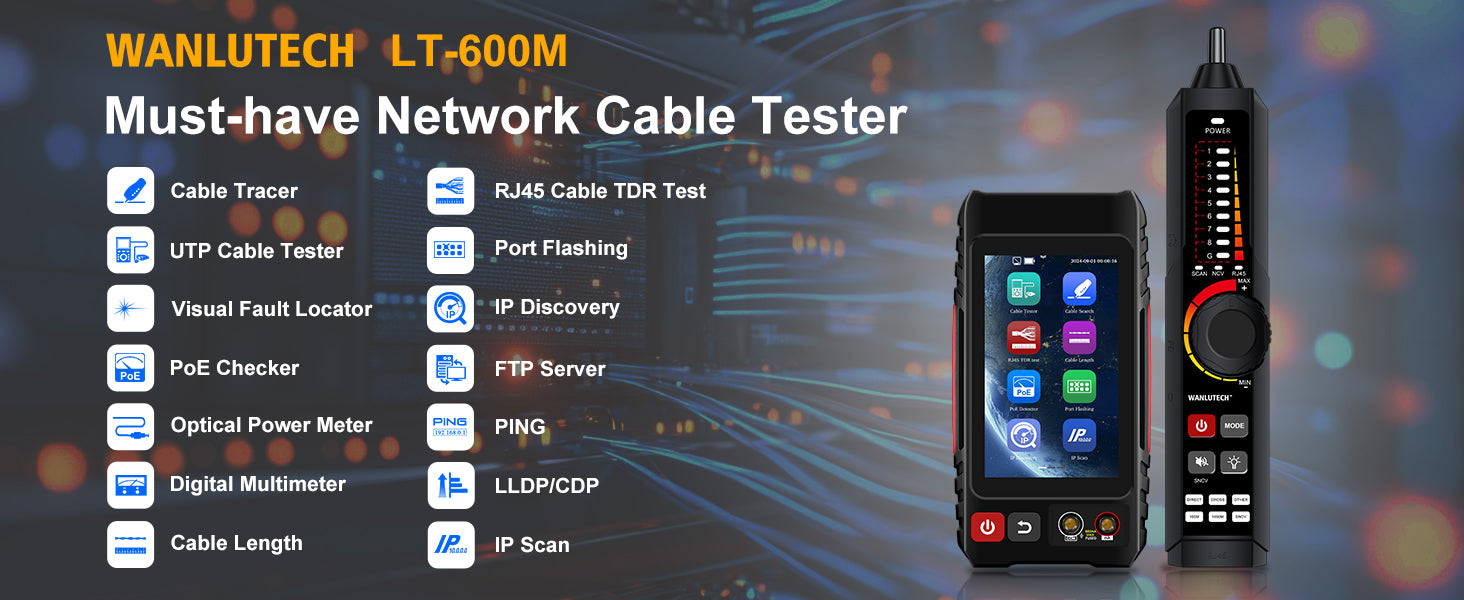 WANLUTECH Network Cable Tester, Digital Tone Generator with Probe Support Digital Multimeter Optical Power Meter Visual Fault Locator Network Test PoE Test Cable Continuity Testing (LT-600M)