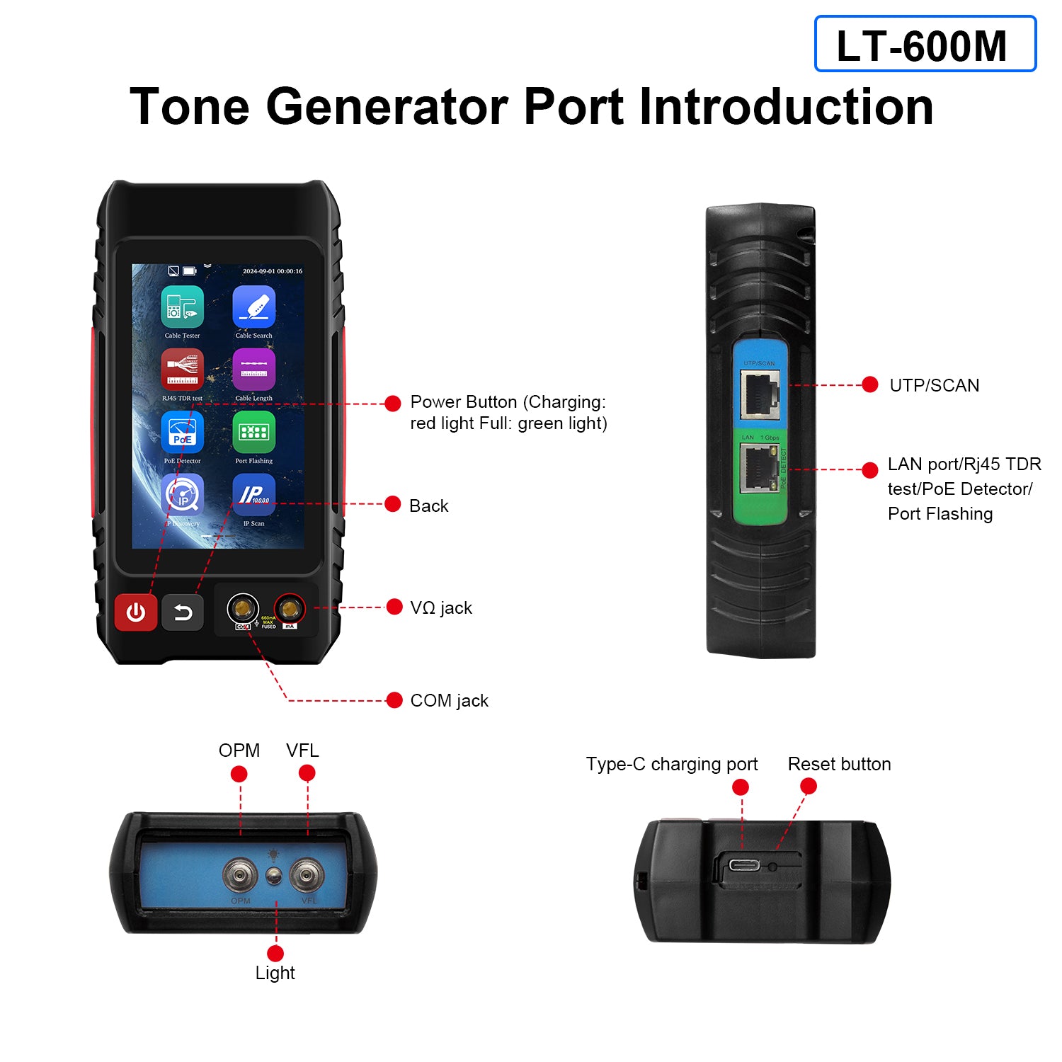WANLUTECH Network Cable Tester, Digital Tone Generator with Probe Support Digital Multimeter Optical Power Meter Visual Fault Locator Network Test PoE Test Cable Continuity Testing (LT-600M)