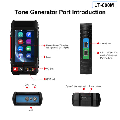 WANLUTECH Network Cable Tester, Digital Tone Generator with Probe Support Digital Multimeter Optical Power Meter Visual Fault Locator Network Test PoE Test Cable Continuity Testing (LT-600M)