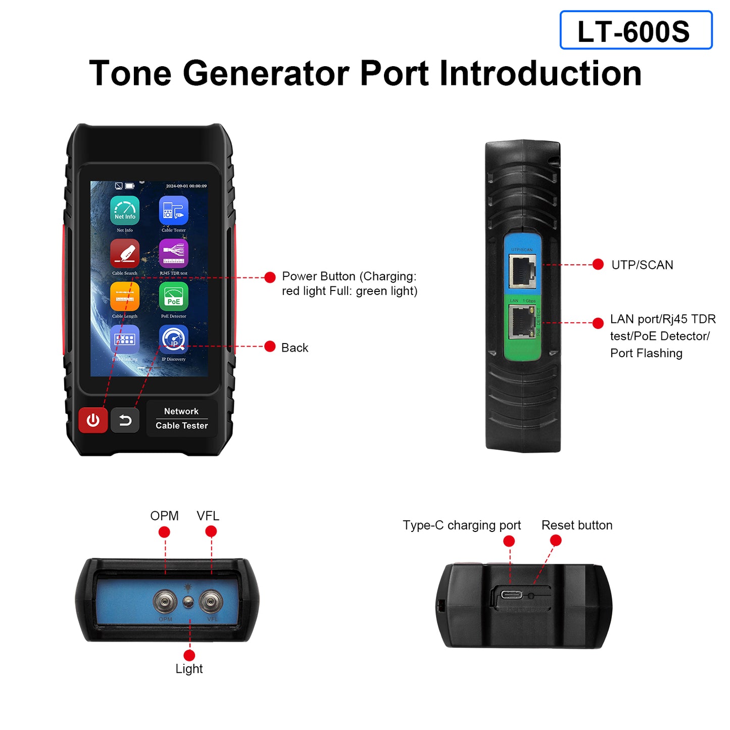WANLUTECH Network Cable Tester, Digital Tone Generator with Probe Support Optical Power Meter Visual Fault Locator Network Test PoE Test Cable Continuity Testing (LT-600S)