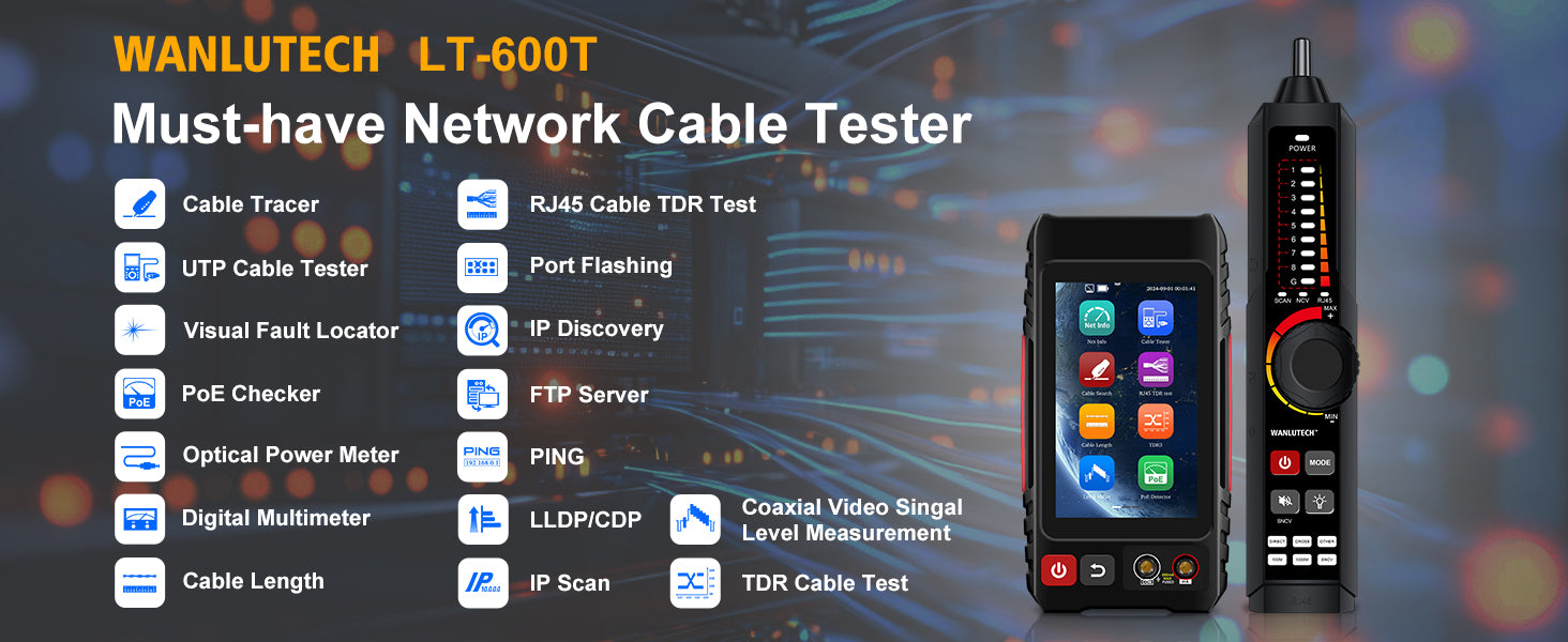 WANLUTECH All-in-One Network Cable Tester Support DMM OPM VFL TDR Cable Tester Level Meter Wire Map Continuity Test Cable Tracer PoE Check(LT-600T)