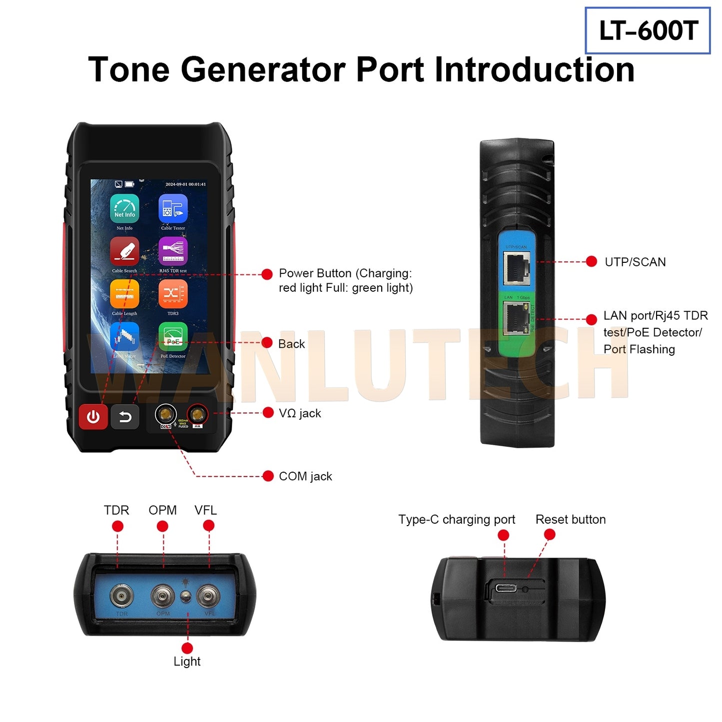 WANLUTECH Network Cable Tester, Digital Tone Generator with Probe Support Digital Multimeter Optical Power Meter Visual Fault Locator TDR Cable test Network Test PoE Test Cable Continuity Testing (LT-600T)