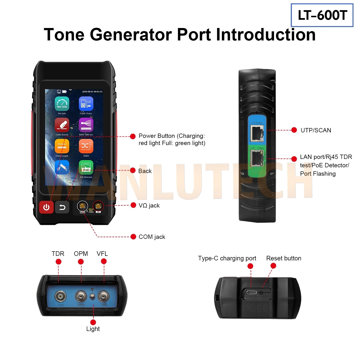 WANLUTECH Network Cable Tester, Digital Tone Generator with Probe Support Digital Multimeter Optical Power Meter Visual Fault Locator TDR Cable test Network Test PoE Test Cable Continuity Testing (LT-600T)