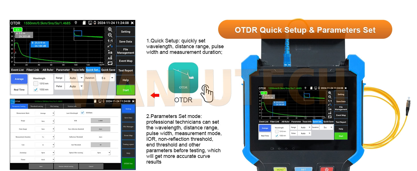 WANLUTECH OTDR Tester Optical Power Meter Visual Fault Locator Optical Loss Test Event map Essential Tool for Fiber Optical Cable Network Testing Ethernet Cable Testing MOT-35