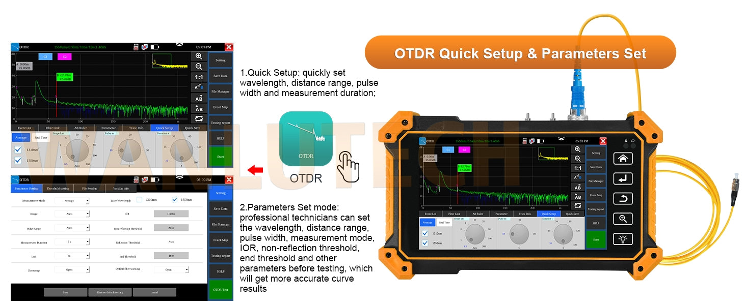 WANLUTECH OTDR Tester Optical Power Meter Visual Fault Locator Optical Loss Test Event map Essential Tool for Fiber Optical Cable Network Testing Ethernet Cable Testing MOT-51