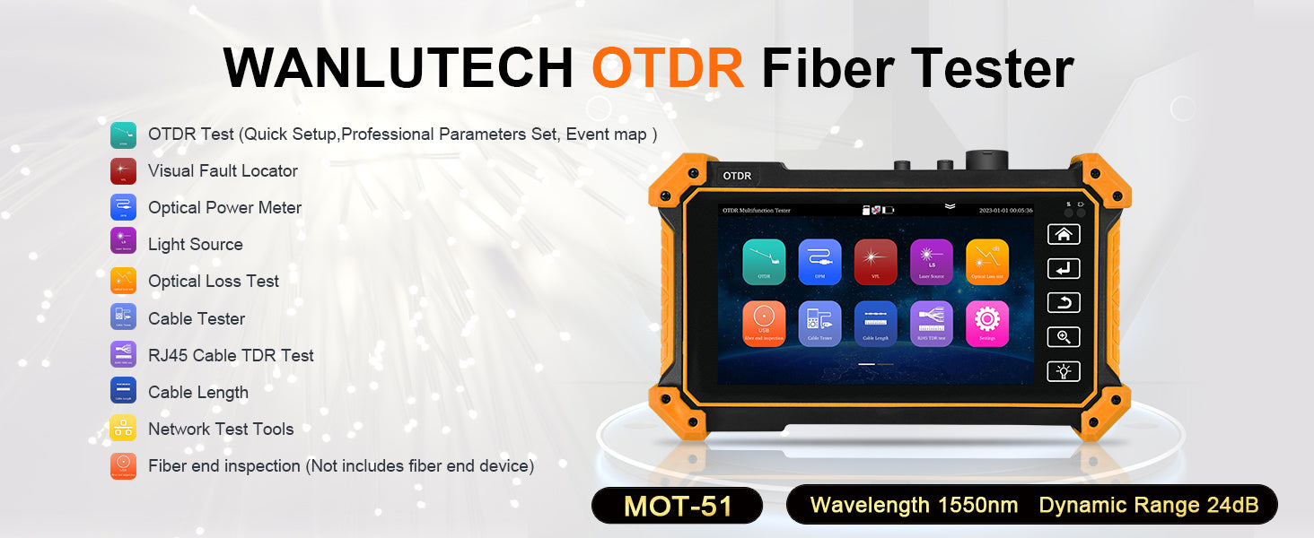 WANLUTECH OTDR Optical Power Meter Visual Fault Locator Optical Loss Test Event Map Essential Tool for Fiber Cable Network Testing MOT-51