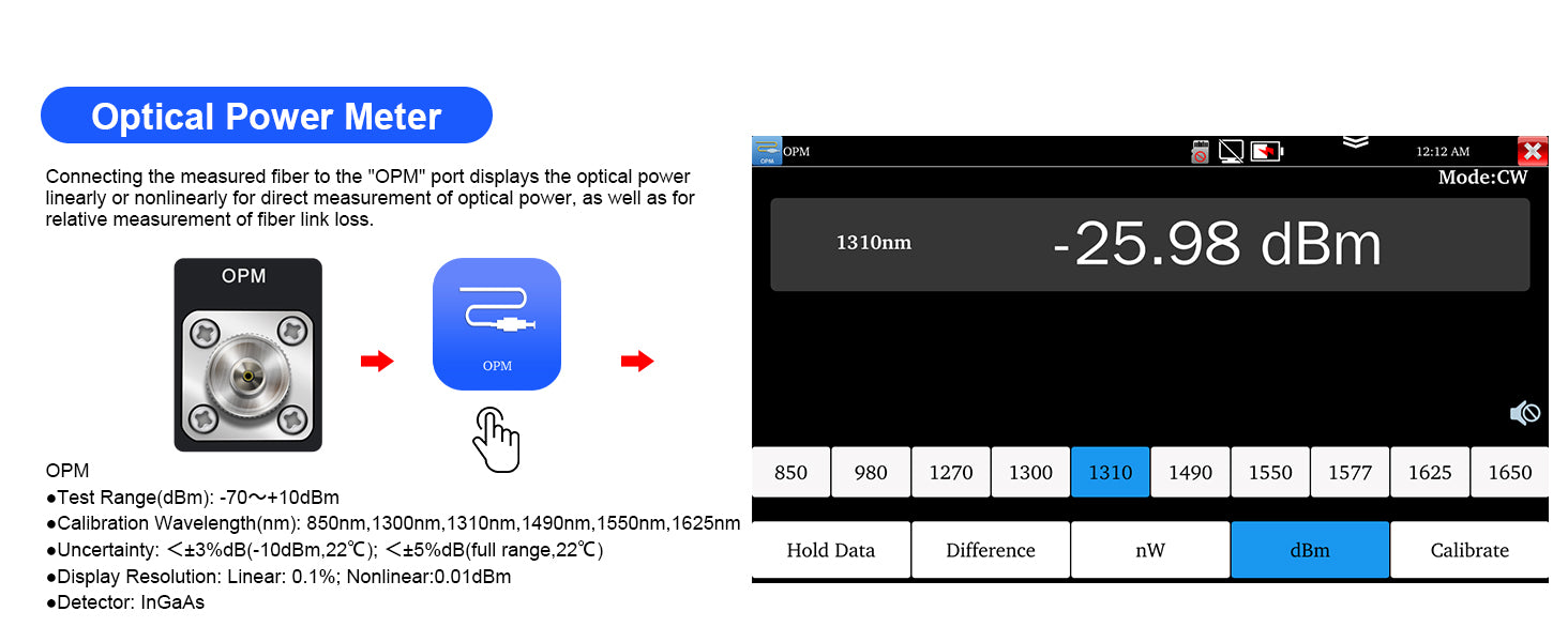WANLUTECH OTDR Optical Power Meter Visual Fault Locator Optical Loss Test Event Map Essential Tool for Fiber Cable Network Testing MOT-51