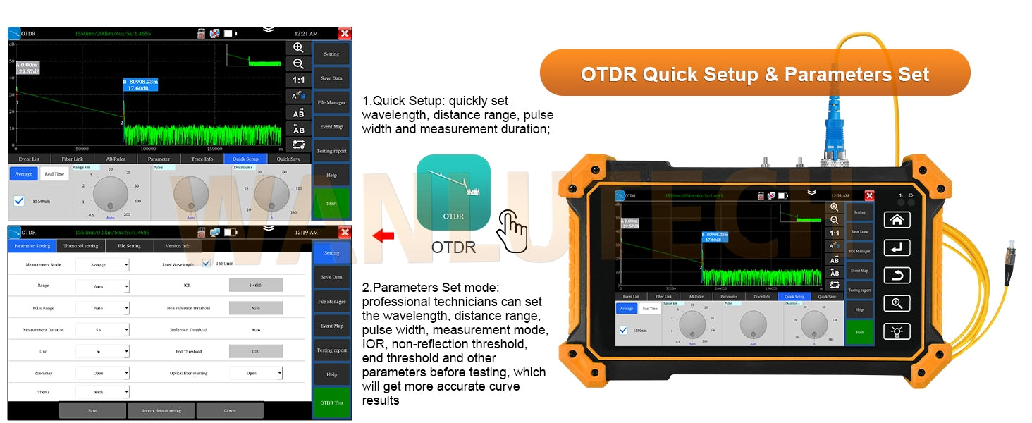 WANLUTECH OTDR Optical Power Meter Visual Fault Locator Optical Loss Test Event Map Essential Tool for Fiber Cable Network Testing MOT-51