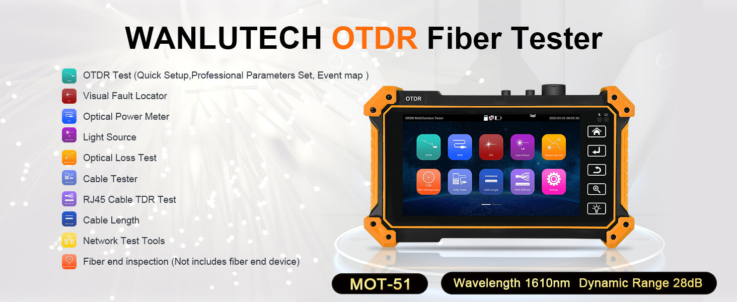 WANLUTECH OTDR Optical Power Meter Visual Fault Locator Optical Loss Test Event Map Essential Tool for Fiber Cable Network Testing MOT-51