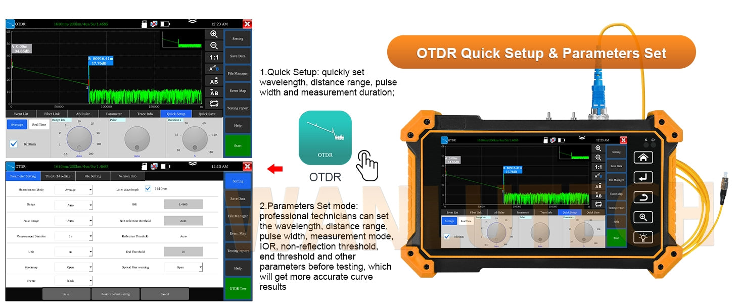 WANLUTECH OTDR Optical Power Meter Visual Fault Locator Optical Loss Test Event Map Essential Tool for Fiber Cable Network Testing MOT-51