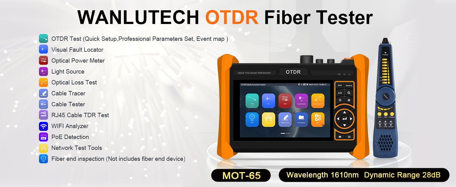 WANLUTECH OTDR Optical Power Meter Visual Fault Locator Optical Loss Test Event Map Essential Tool for Fiber Cable Network Testing  MOT-65