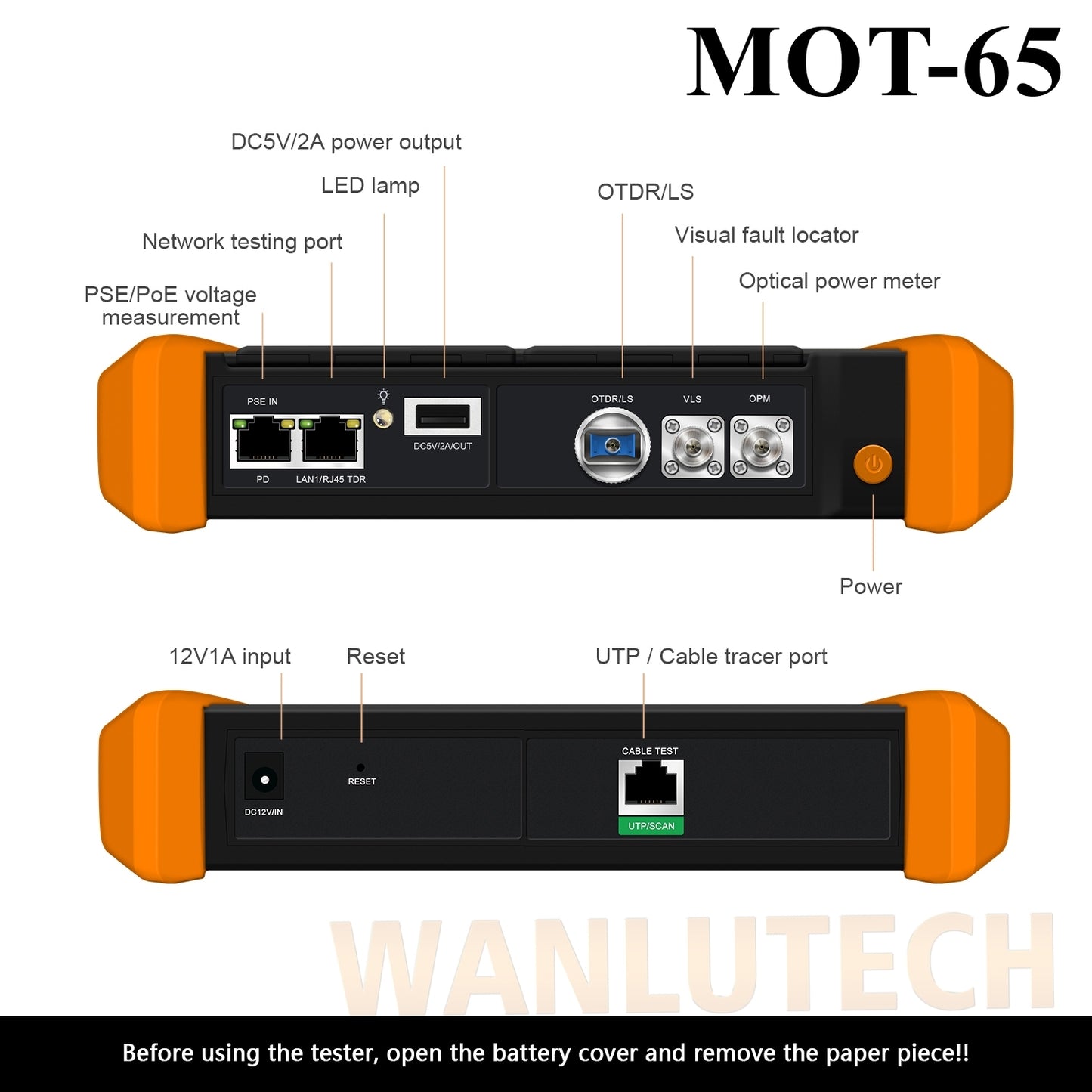 WANLUTECH OTDR Optical Power Meter Visual Fault Locator Optical Loss Test Event Map Essential Tool for Fiber Cable Network Testing MOT-65 