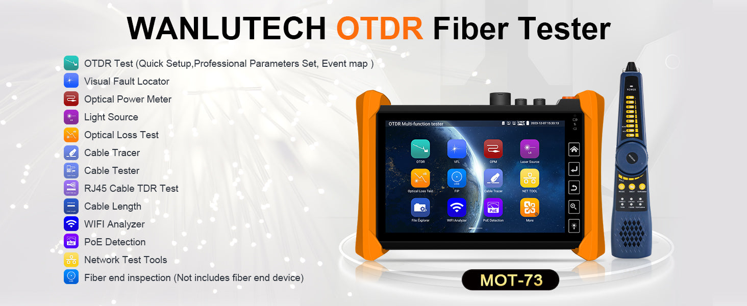 WANLUTECH OTDR Optical Power Meter Visual Fault Locator Optical Loss Test Event Map Essential Tool for Fiber Cable Network Testing MOT-73