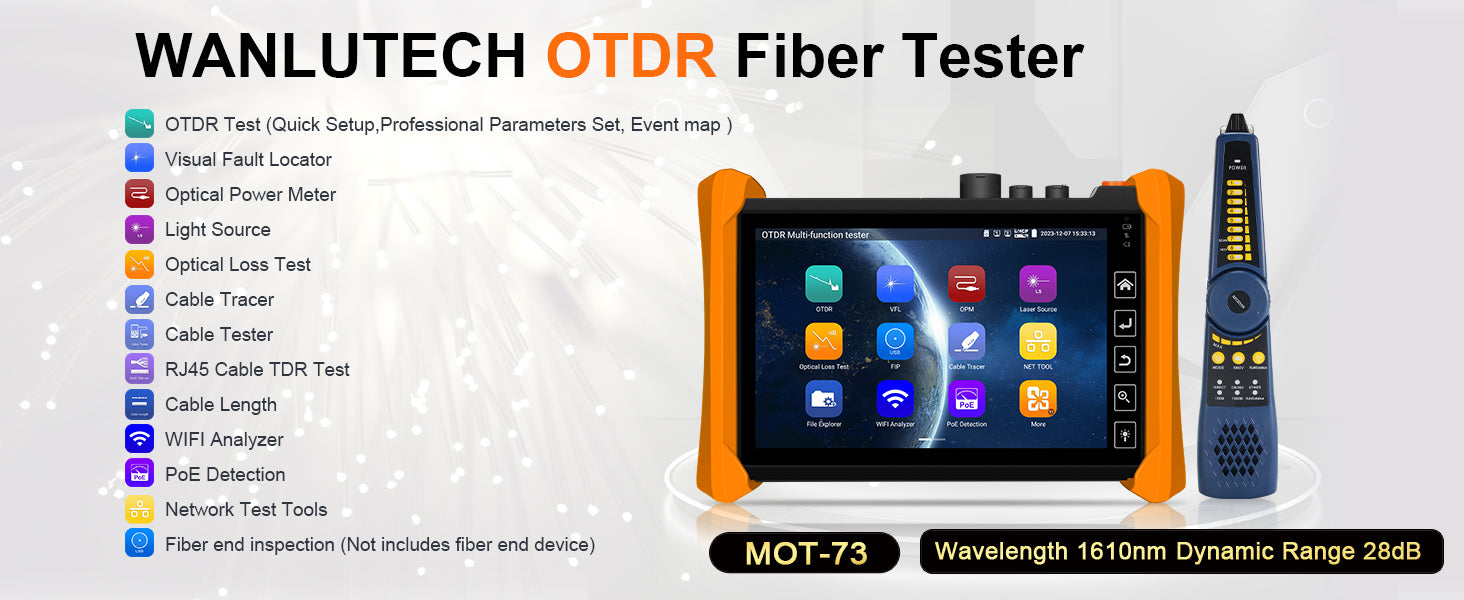 WANLUTECH OTDR Optical Power Meter Visual Fault Locator Optical Loss Test Event Map Essential Tool for Fiber Cable Network Testing MOT-73