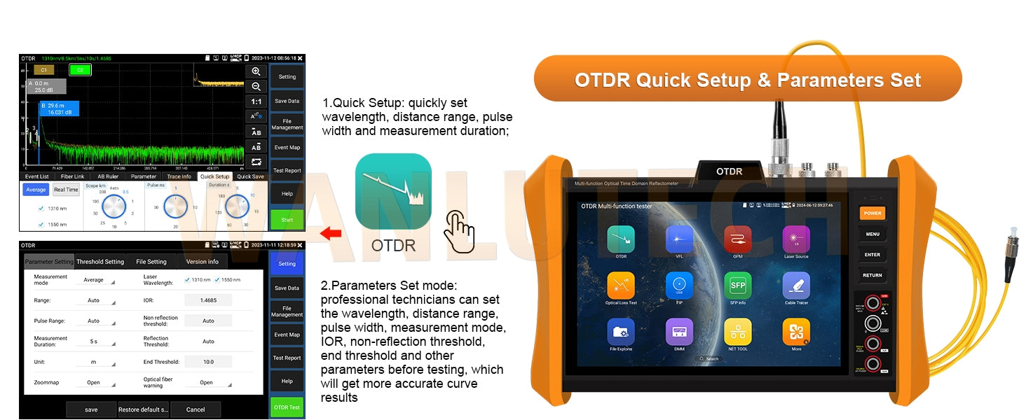 WANLUTECH OTDR Optical Power Meter Visual Fault Locator Optical Loss Test Event Map Essential Tool for Fiber Cable Network Testing MOT-85