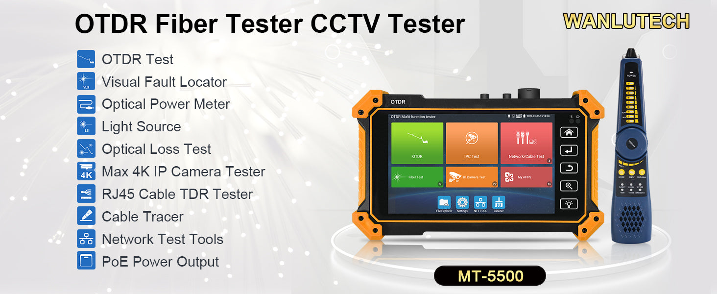 WANLUTECH OTDR IPC Tester Essential Tool for Surveillance Camera Fiber Cable Network Testing MT-5500