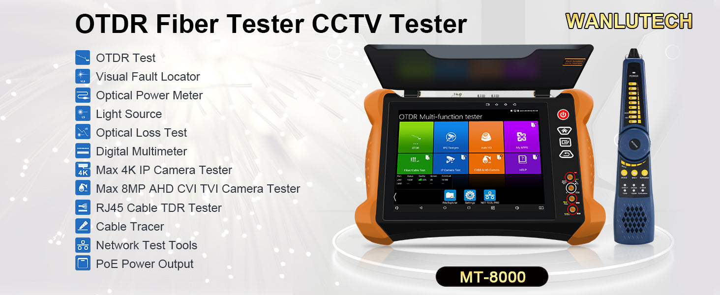 WANLUTECH OTDR CCTV Tester Essential Tool for Surveillance Camera Fiber Cable Network Testing MT-8000