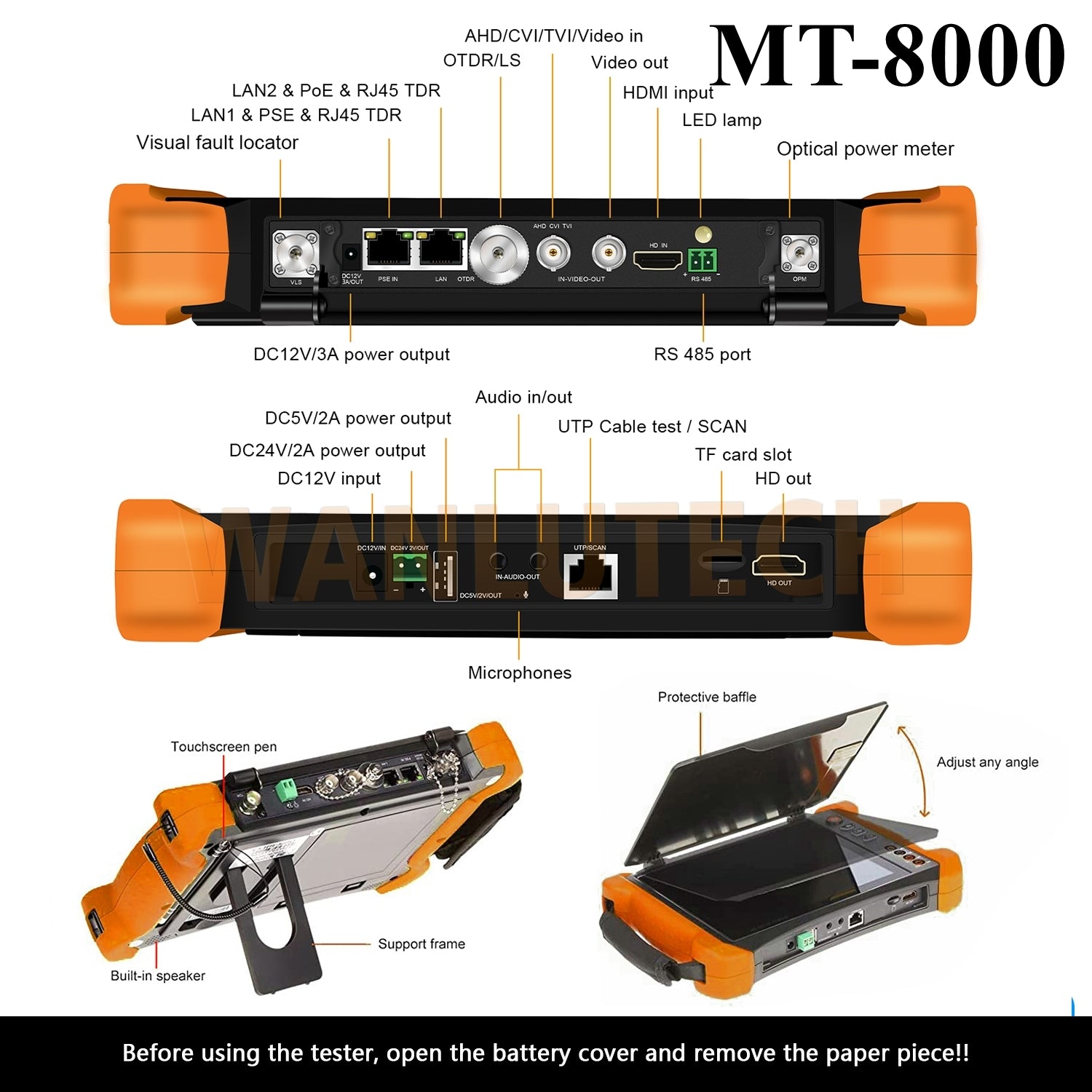 WANLUTECH OTDR CCTV Tester Essential Tool for Surveillance Camera Fiber Cable Network Testing MT-8000