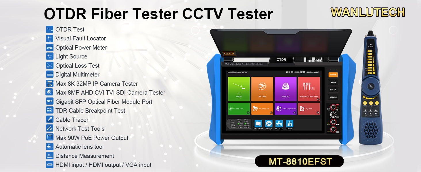 WANLUTECH OTDR CCTV Tester Essential Tool for Surveillance Camera Fiber Cable Network Testing MT-8810EFST